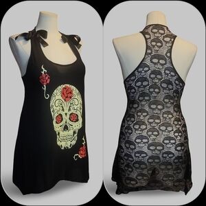 Black Skull Rose Lace Sleeveless Tank Top Wide Strap Women's Gothic Casual